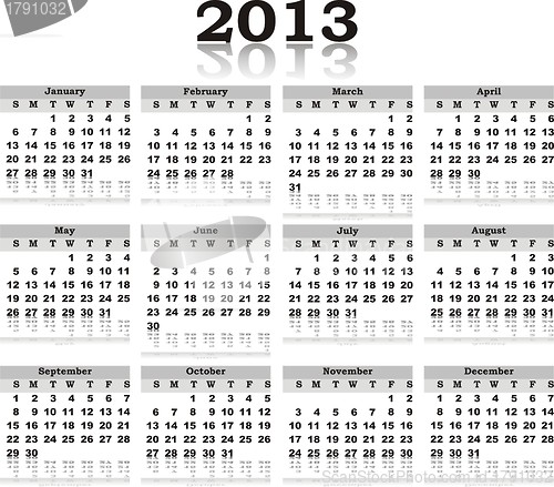 Image of black white vector calendar 2013 with reflection 