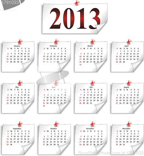 Image of vector calendar 2013 on small white paper 