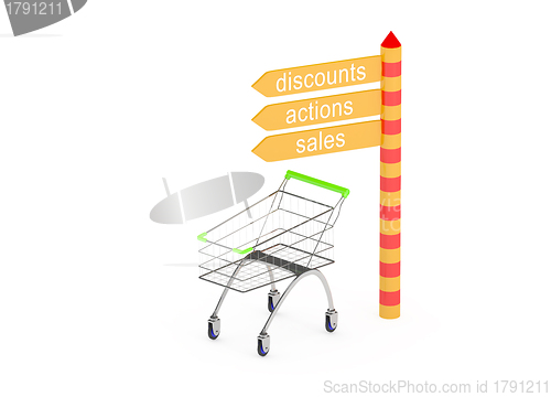 Image of A trolley with a road sign isolated on a plain white background.