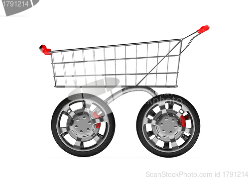 Image of 3d shopping cart with big car wheel isolated on white