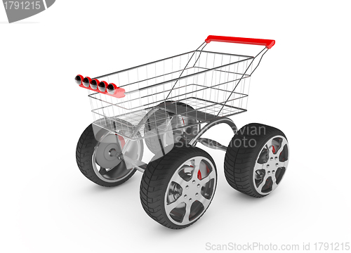 Image of 3d shopping cart with big car wheel isolated on white