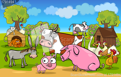 Image of cartoon rural scene with farm animals