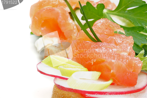 Image of Snack of Smoked Salmon closeup 