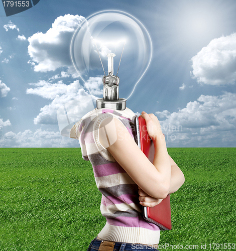 Image of Lamp Head Businesswoman with Laptop