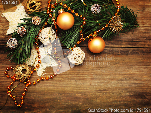 Image of Christmas background with golden decoration, star and xmas tree