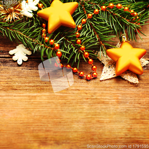 Image of Christmas retro background with decoration and Xmas tree branch