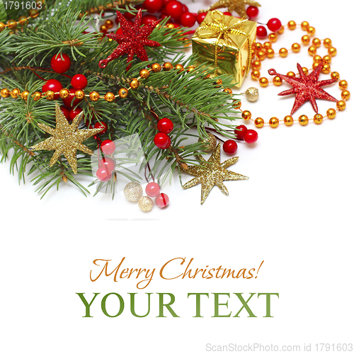 Image of Xmas background - Christmas decoration, green branch, red stars