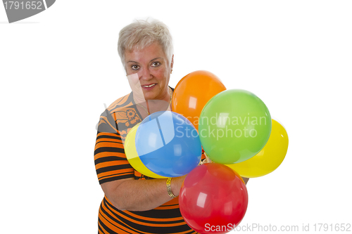 Image of Female senior with colorful ballons 