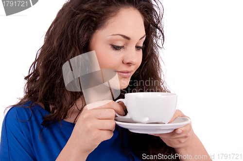 Image of beautiful young woman with cup of coffee 