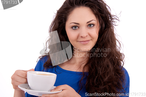 Image of beautiful young woman with cup of coffee 