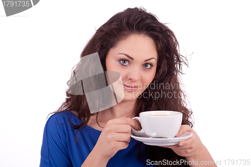 Image of beautiful young woman with cup of coffee 