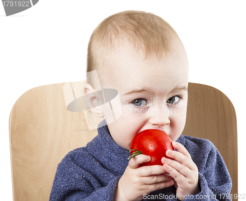 Image of young child eating tomatoes in high chair