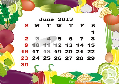 Image of June - monthly calendar 2013 in frame with vegetables