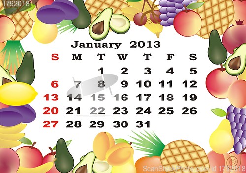 Image of January - monthly calendar 2013 in frame with fruits