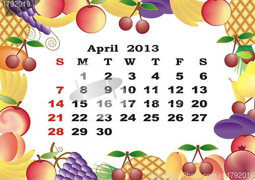 Image of April - monthly calendar 2013 in frame with fruits