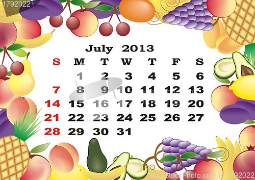 Image of July - monthly calendar 2013 in frame with fruits