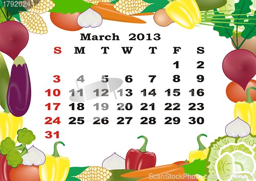 Image of March- monthly calendar 2013 in frame with vegetables