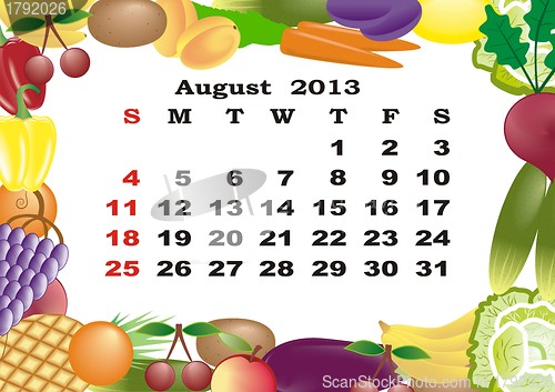 Image of August - monthly calendar 2013 in frame with fruits and vegetables