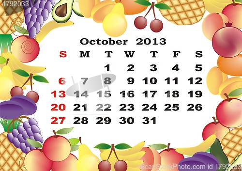 Image of October - monthly calendar 2013 in frame with fruits