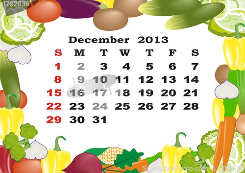 Image of December - monthly calendar 2013 in frame with vegetables