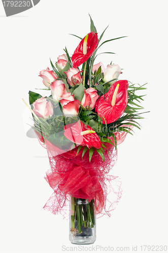 Image of Red Anthurium and  Pink Roses 