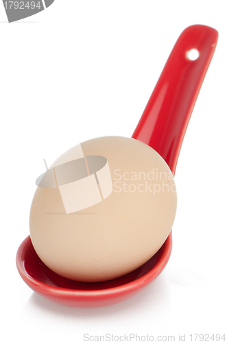 Image of Brown egg in a red ceramic spoon
