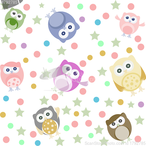 Image of Bright background with cute owls, stars, circles. Seamless pattern