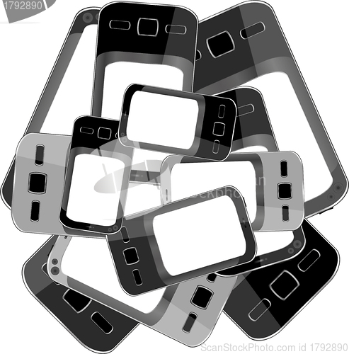 Image of Black smart phones set on white background