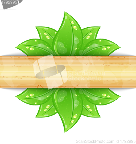 Image of Eco friendly background with green leaves, wooden texture