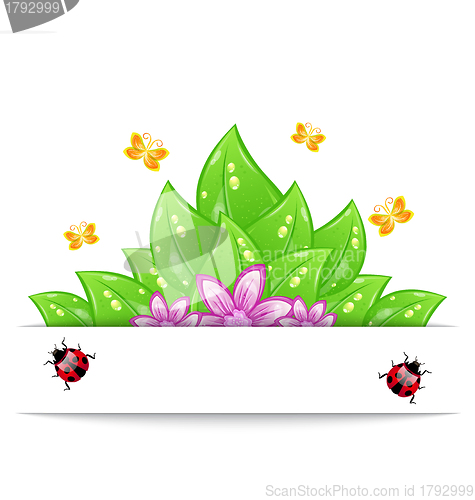 Image of Eco friendly card with green leaves, flower, butterfly and ladyb