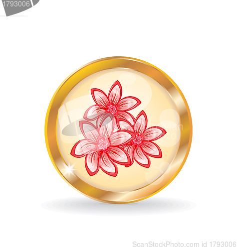 Image of Golden circle label (button) with flowers