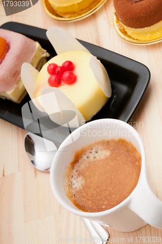 Image of espresso coffee and  fruit cake