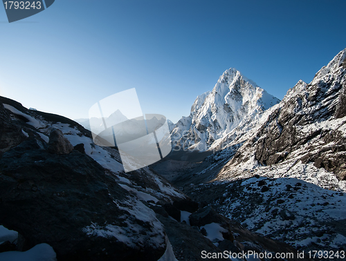 Image of Cho La pass and snowed peaks at dawn in Himalayas