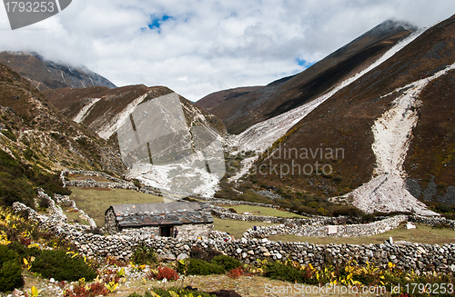 Image of Life in Nepal: highland village and peaks in Himalayas