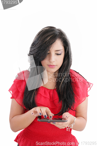 Image of business woman with tablet computer. Isolated over white backgro