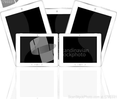 Image of White tablet PC set isolated on white reflective background