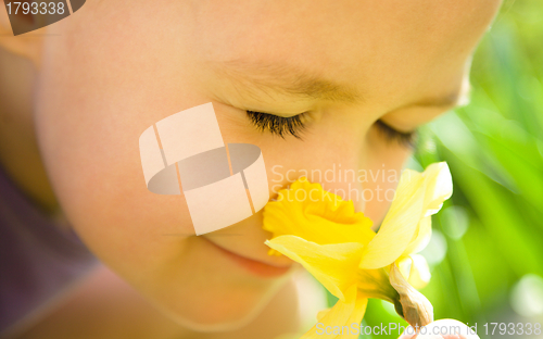 Image of Portrait of a cute little girl smelling flowers