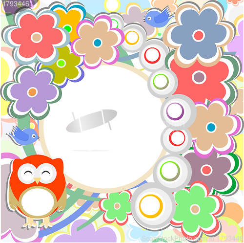 Image of Background with flowers and cute owl - holiday card