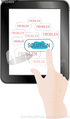 Image of business hand pushing on solution innovation button