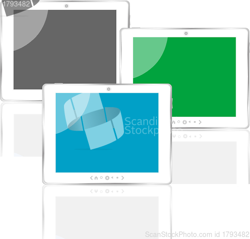 Image of different colored vertical tablet pc set with screen