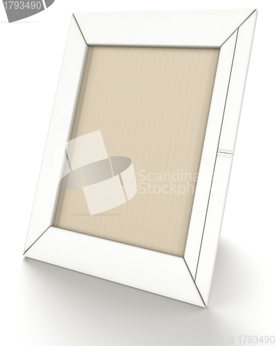 Image of Empty leather photo frame on stand on white 