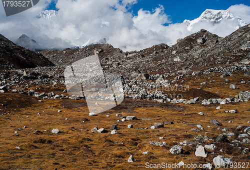 Image of Himalaya landscape: moraine and mountain peaks