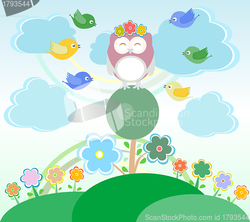 Image of Background with flowers, birds and owl sitting on the tree