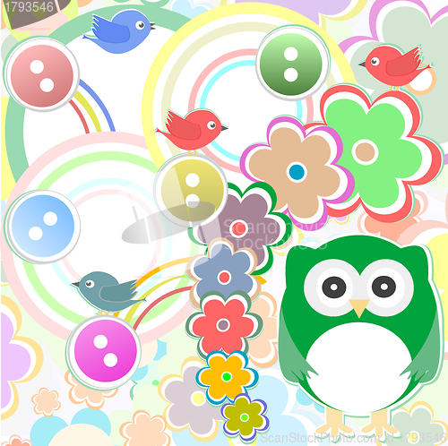 Image of Template greeting card with owl bird and flowers, scrap