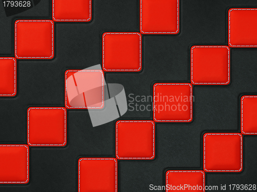 Image of Black Stitched leather background with red rhombuses