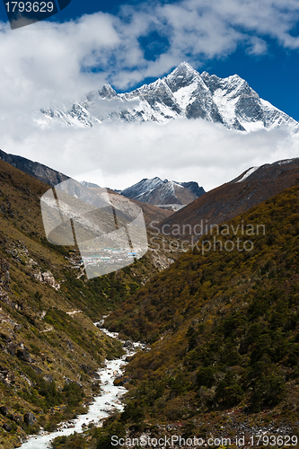 Image of Lhotse and Lhotse shar peaks. Village and stream