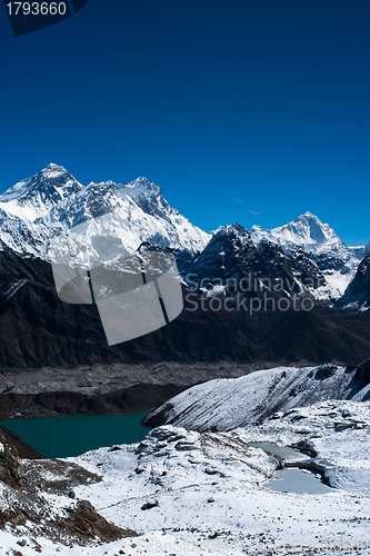Image of Everest, Nuptse, Lhotse and Makalu peaks. Gokyo lake and village