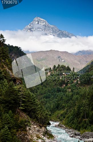 Image of Himalaya mountains Landscape: peak, stream and forest