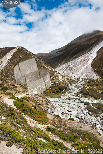 Image of Himalaya landscape: Serpentine stream and mountains