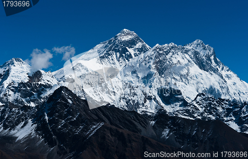 Image of Everest, Changtse, Lhotse and Nuptse peaks in Himalaya